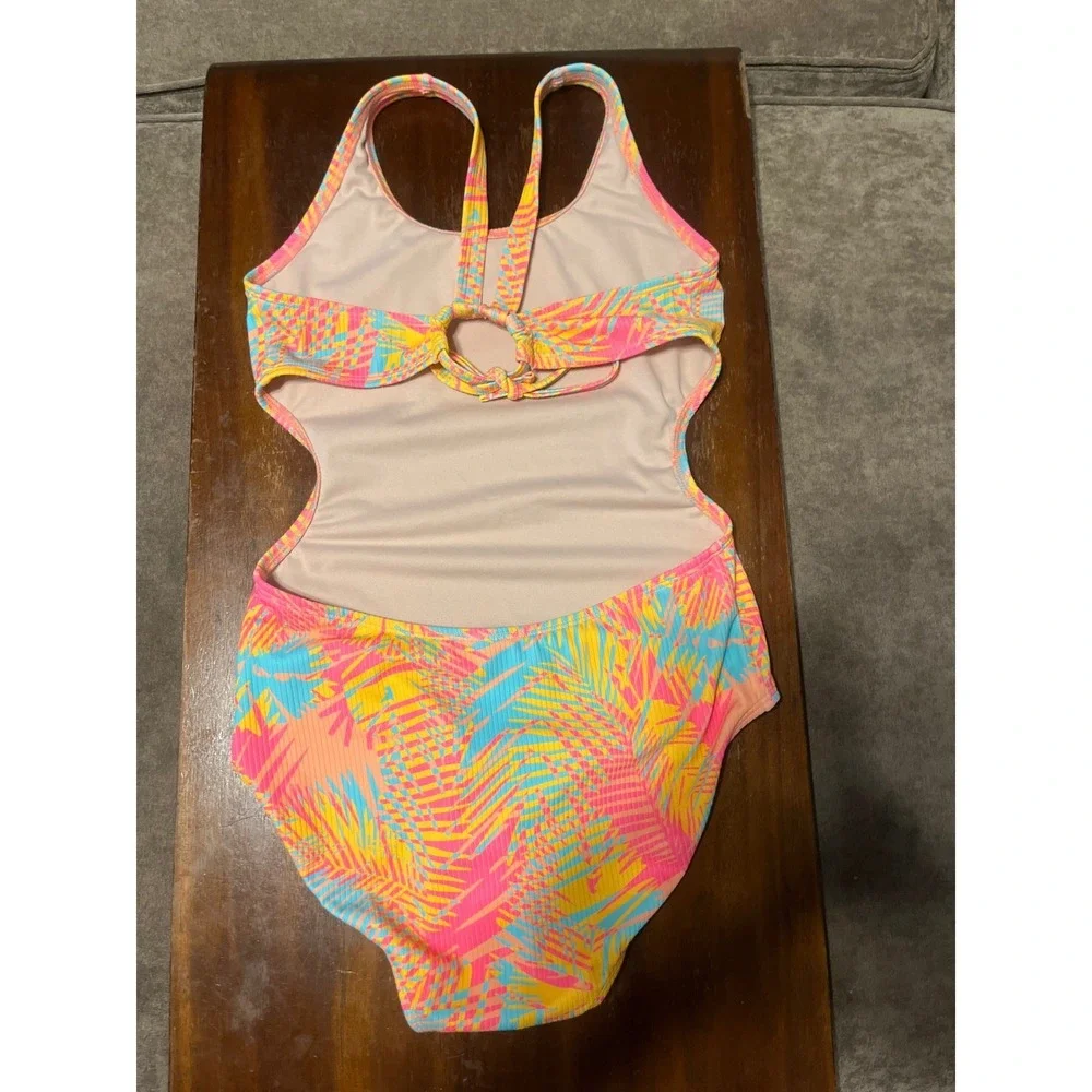 Art Class Girls Tropical Palm Print One Piece Swimsuit Neon Pink Blue XL 14